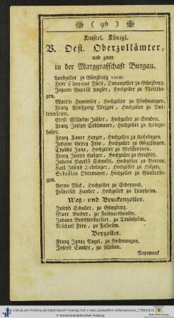 Kaiserl. Königl. V. Oest. Oberzollämter, und zwar in der Marggraffschaft Burgau.