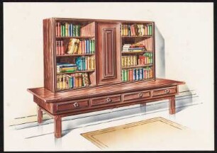 Bücherschrank. Unterteil mit vier Schiebern, Aufsatz zwei offene Regalteile vieretagig, mittig, geschlossene Tür