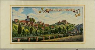 Stadtansicht von Dohna mit Kirche und Burgneubauten im Zustand von 1892, Vorzeichnung für Veröffentlichung in der Zeitschrift "Bergblumen"