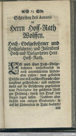 Schreiben des Autoris an Herrn Hoff-Rath Wolffen