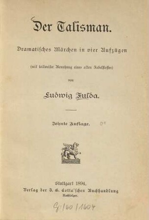 Der Talisman : Dramatisches Märchen in 4 Aufz. (mit teilw. Benutzung e. alten Fabelstoffes.)
