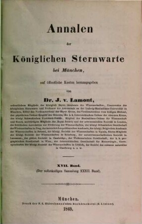 Annalen der Königlichen Sternwarte bei München, 17 = 32 d. Gesamtw. 1869