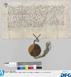Kaiser Ludwig belehnt Chunrad den Waltstromeyr, Chunrad, dessen Sohn, und des letztgenannten Chunrad Söhne mit dem Forstmeisteramt über des Reiches Forst zu Nürnberg, nach deren Abgang solle das weibliche Geschlecht und nach Aussterben aller Söhne und Töchter des Waldstromerschen Geschlechtes sollen Heinrich Pfintzings Kinder, Söhne und Töchter, zur Nachfolge berufen sein; zugleich erteilt er den Vormündern der Waldstromerschen und Pfintzingschen Kindern, Konrad Groß, Schultheiß zu Nürnberg, Philipp Groß, dessen Bruder, Berchtolt dem Pfintzing, Konrad dem Stromer, Bürgern zu Nürnberg, und Friedrich Ebner, dem Landschreiber, die Mitbelehnung. - Sieger: der Aussteller.