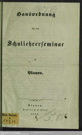Hausordnung für das Schullehrerseminar zu Plauen