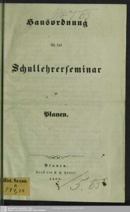 Hausordnung für das Schullehrerseminar zu Plauen
