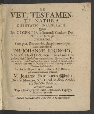 De Vet. Testamenti Natura Disputatio Inauguralis