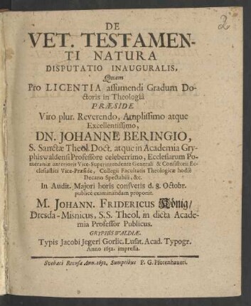De Vet. Testamenti Natura Disputatio Inauguralis