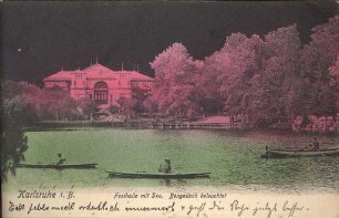 Postkartenalbum. Karlsruhe i. B.". Festhalle mit Stadtgartensee