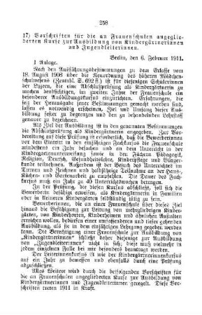 Vorschriften für die an Frauenschulen angegliederten Kurse zur Ausbildung von Kindergärtnerinnen und Jugendleiterinnen : [E. Höhere Lehranstalten für die weibliche Jugend]
