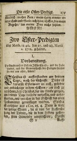 Zwo Oster-Predigten über Matth. 12.40. den 27 und 28. Martii a. 1712. gehalten.