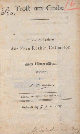 Trost am Grabe : beym Absterben der Frau Räthin Casparson