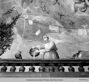 Wand- und Deckendekoration : Wappen der Medici mit Vögeln und Frauen an einer Balustrade