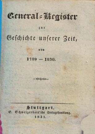 Unsere Zeit, oder Geschichtliche Uebersicht der merkwürdigsten Ereignisse von 1789 - 1830, [31]. General-Register zur Geschichte unserer Zeit, von 1789 - 1830