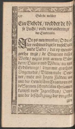Ein Gebedt/ wedder de böse Lucht/ und voranderinge der Elementen.