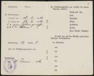 Militärpaß von Max Hermann Angermann : Militärpass, aufgeschlagen, Seite 4 und 5, von Grenadier Max Hermann Angermann (1. Ersatz-Bataillon, 1. (Leib-) Grenadier-Regiment No 100, 1. Kompanie), ausgestellt am 5. Februar 1916, Dippoldiswalde. Dresden: SLUB Mscr.Dresd.Aut.3079