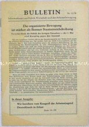 Illegales Informationsblatt der KPD "Bulletin" u.a. mit einem Manifest des Kongress der Arbeiterjugend Deutschlands gegen atomare Aufrüstung und für eine atomwaffenfreie Zone in Mitteleuropa