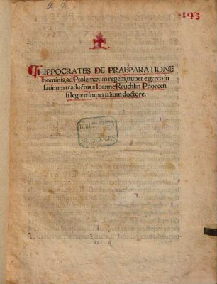 Hippocrates De Praeparatione hominis, ad Ptolemaeum regem