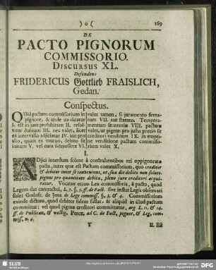 De Pacto Pignorum, Discursus XL. Defendens Fridericus Gottlieb Fraislich, Gedan.