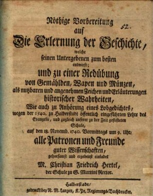 Nöthige Vorbereitung auf die Erlernung der Geschichte