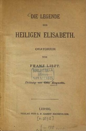 Die Legende der heiligen Elisabeth : Oratorium