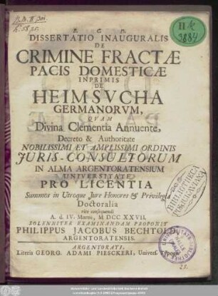 Dissertatio Inauguralis De Crimine Fractæ Pacis Domesticæ Inprimis De Heimsvcha Germanorvm