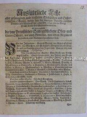 Verwundeten- und Verlustliste der Offiziere der beiden Parteien in der Schlacht bei Kesselsdorf am 15. Dezember 1745