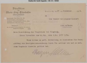 Brücke A: Brief bzgl. Verstärkung der Siegbrücke Siegburg