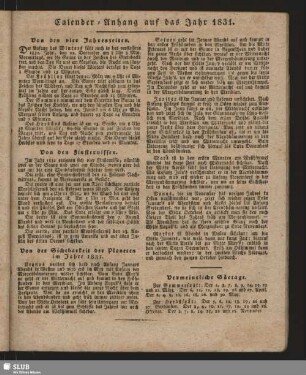 Calender-Anhang auf das Jahr 1831