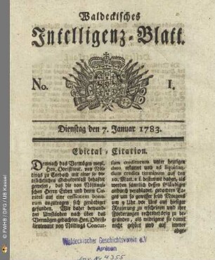No. 1, Dienstag den 7.Januar 1783