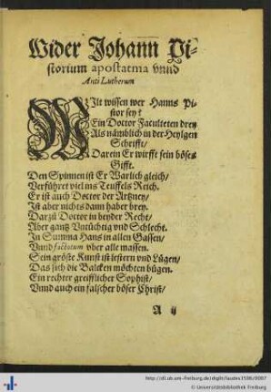 Wider Johann Pistorium apostatma unnd Anti Lutherum.