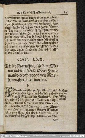 Cap. LXX. Wie die Frantzösische Festung Menin unterm Mit-Ober-Commando des Hertzogs von Marlborough erobert worden
