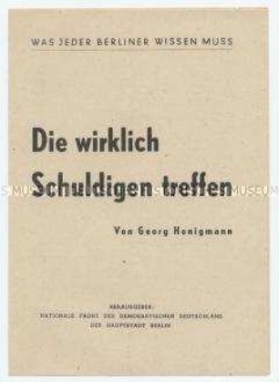 Propagandaschrift der Nationalen Front zu Reisebeschränkungen für Westberliner in die DDR nach dem Generalvertrag