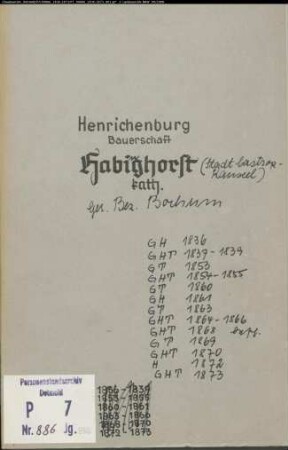 Kirchenbuchduplikat der katholischen Gemeinde Bauerschaft Habinghorst, Henrichenburg (GH 1836; GHT 1837-1839; GT 1853; GHT 1854-1855; GT 1860; GH 1861; GT1863; GHT 1864-1866; GHT 1868; GT 1869; GHT 1870; H 1872; GHT 1873). (Gemeinde: Henrichenburg, Katholische Gemeinde St. Lambertus)