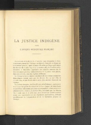 La Justice Indigène dans L'Afrique Occidentale Francaise.