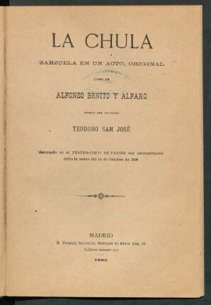La chula : zarzuela en un acto, original