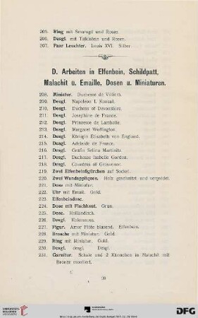 Arbeiten in Elfenbein, Schildpatt, Malachit u. Emaille, Dosen und Miniaturen (Nr. 208-263)