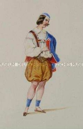 Mann in kurzer brauner Trägerhose und blauer Jacke über der Schulter - Tafel aus Franceschini/Kostümbilder (Kassette 1)