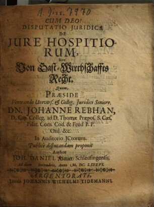 Disputatio Iuridica De Iure Hospitiorum, Sive Von Gast-Wirthschaffts Recht
