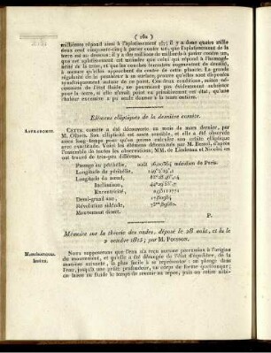 Elémens elliptiques de la dernière comète