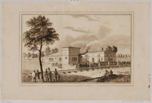 Der Lockschuppen des Leipziger Bahnhofes zwischen der Leipziger Straße und Eisenbahnstraße in Dresden-Neustadt, 1839 eingeweiht, Blick nach Osten