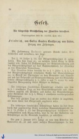 Gesetz. Die bürgerliche Gleichstellung der Israeliten betreffend