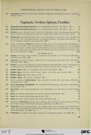 Tapisserie, Verdure, Spitzen. Textilien (Nr. 279-299)