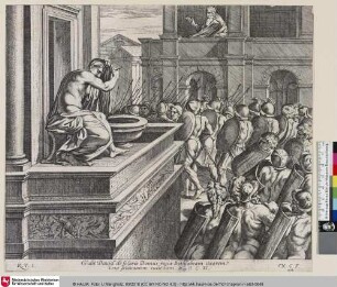 [David entdeckt am Fenster seines Palastes Bathseba im Bade.; David apercevant des fenêtres de son palais Bethsabée au bain.]