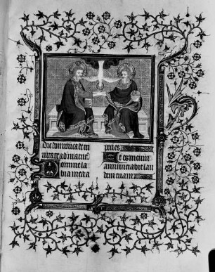 Schmuckseite mit Miniatur: Dreifaltigkeit, Dornblattbordüre und Initiale D, Folio recto