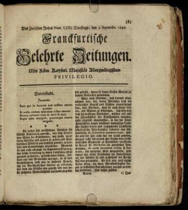 Num. LXXI. Dienstags, den 5. Septembr. 1747 - Num. LXXX. Freytags, den 6. Octobr. 1747