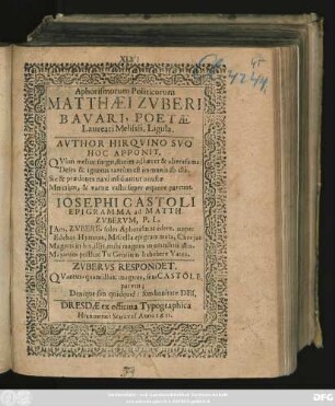 Aphorismorum Politicorum Matthaei Zuberi Bavari, Poetae Laureati Melissei, Ligula. ...