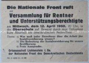Handzettel der Nationalen Front mit einem Aufruf zu einer Rentnerversammlung