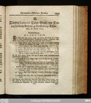 II. Käysers Leopoldi Lehn-Brief, vor Hertzogs Friedrich Wilhelm zu Mecklenburg- Schwerin, de Anno 1693.