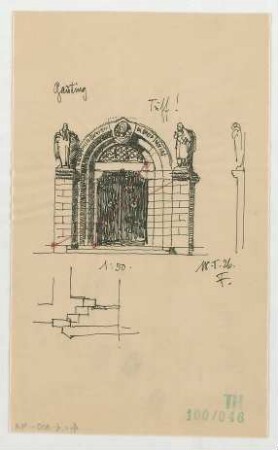 Fischer, Theodor; Gauting / Starnberg (Bayern); Ev. Christuskirche - Portal (Grundriss DG, Detail); Mauer (Details)