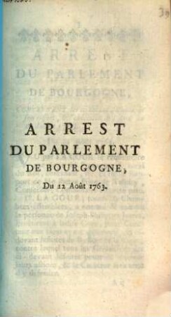 Arrest Du Parlement De Bourgogne, Du 12 Août 1763